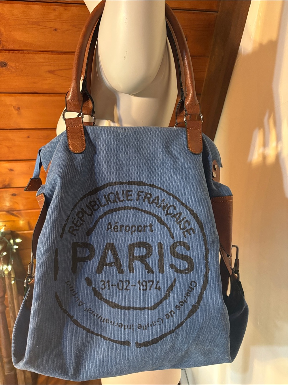 Paris Canvas Crossbody Tote Bag Blue Faux Leather Travel French Chic